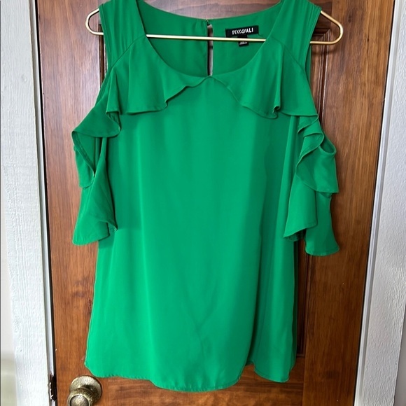 Roz & Ali Tops - Ruffled Cold Shoulder Feminine Blouse with Short Ruffle Sleeves in Green| S